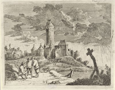 Landschaft mit Schloss und drei Männern von Jan Lauwryn Krafft (I) (possibly)