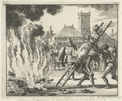 Anneken Hendriks, auf einer Leiter gefesselt, verbrannt in Amsterdam, 1571, 1685 von Jan Luyken