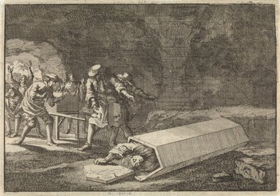 Bestattungsdiener in Rom sehen, dass Antonio Marlini, den sie einige Tage zuvor in einem Gewölbe beigesetzt hatten, nur scheintot gewesen sein muss, 1696 von Jan Luyken