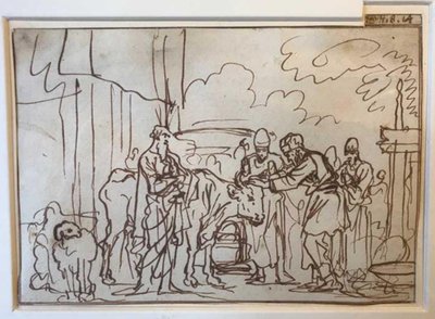 Der Stier wird für das Sündopfer dargebracht, Aaron und seine Söhne legen ihre Hände auf seinen Kopf (Lev. 8,14) von Jan Luyken