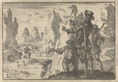 Bewaffnete Spanier blicken von Felsen auf völlig wilde Menschen, ca. 1600 von Jan Luyken