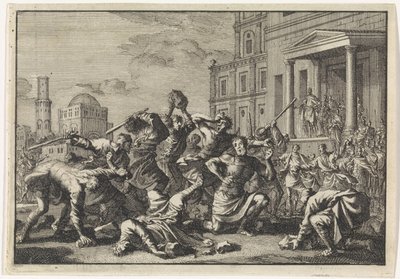 Herodes lässt seinen Barbier Tryfon, Tyro und dessen Sohn wegen Verdachts auf Verrat steinigen von Jan Luyken