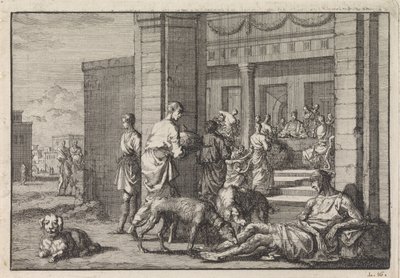 Lazarus bettelt am Festmahl des reichen Mannes von Jan Luyken