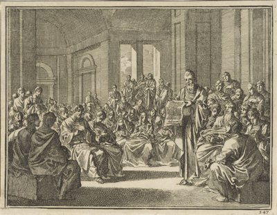 Lesung eines Sendschreibens vor einer großen Menge Christen von Jan Luyken