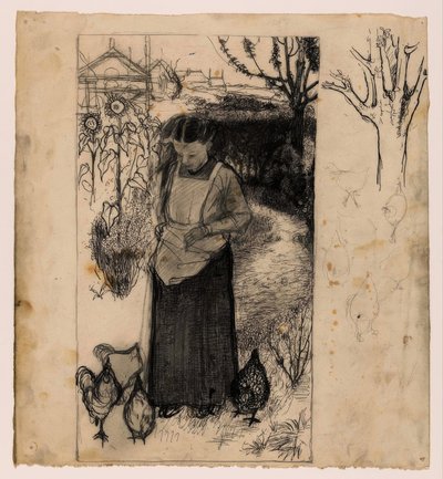 Annie Mankes-Zernike beim Hühner füttern, rechts: Studien eines Baumes und von Hühnern von Jan Mankes