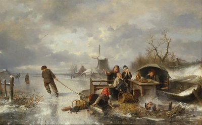 Kinder spielen auf einem zugefrorenen See in einer Winterlandschaft von Jan Mari Henri Ten Kate