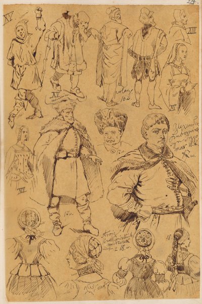 Skarbczyk. Vierzehn Personen: Männer und Frauen in Kostümen aus dem XIII., XV., XVI., XVII. und XVIII. Jahrhundert von Jan Matejko