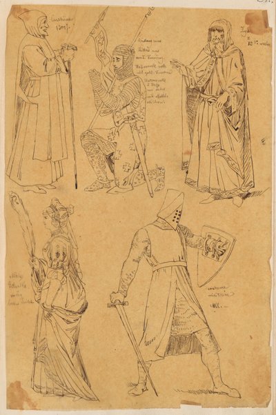 Skarbczyk. Fünf Figuren: Gelehrter, kniender Ritter, Jude, Frau, kämpfender Ritter von Jan Matejko