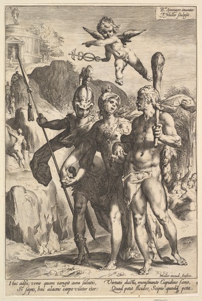 Herkules wird der bergige Weg zum Tempel des unsterblichen Ruhms gezeigt in der Begleitung..., ca. 1591 von Jan Muller