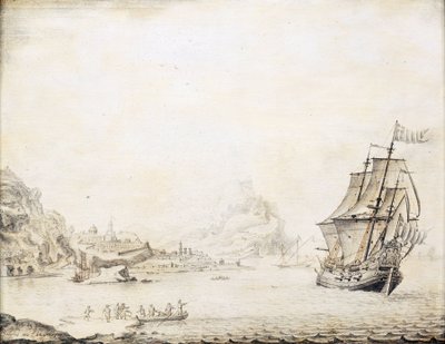 Ein britisches Schiff vor der Küste von Satalia (Türkei), 1677, umgeben von einer felsigen Küste, mit antiken Stadtmauern und Minaretten von Jan Peeters