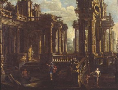 Capriccio klassischer Ruinen mit einem Krieger, einem Satyr und Amor, der eine Nymphe jagt von Jan Peeters