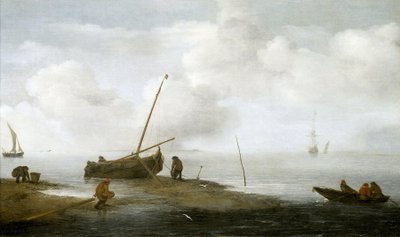Muschelfischen, ein Fischerboot am Ufer und drei Männer, die Muscheln in ihre Körbe sammeln. Öl auf Leinwand 1622, von Jan Porcellis (1580-1632) von Jan Porcellis
