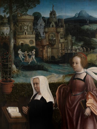 (Detail) des Stifters mit dem Heiligen Nikolaus und der Frau des Stifters mit der Heiligen Godeliva, ca. 1515-21 von Jan Provoost