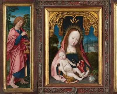 Triptychon mit Jungfrau und Kind, Heiliger Johannes der Evangelist (linker Flügel) und Maria Magdalena (rechter Flügel) von Jan Provoost
