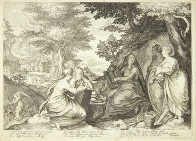 Die klugen Jungfrauen versammelt in einer Landschaft, im Hintergrund Johannes der Täufer, der predigt von Jan Saenredam
