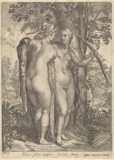 Diana und eine Nymphe vor einem Baum von Jan Saenredam