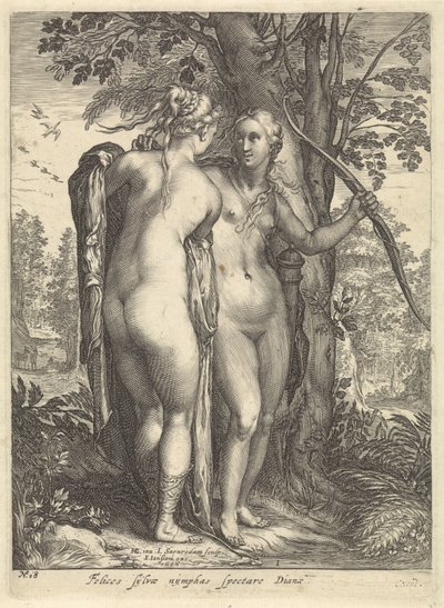 Diana und eine Nymphe vor einem Baum von Jan Saenredam