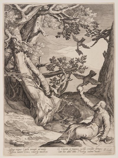 Elija in der Wüste von Raben gefüttert, aus Vier Szenen aus dem Leben der Propheten, Jesaja, Ahajah und Elisa von Jan Saenredam