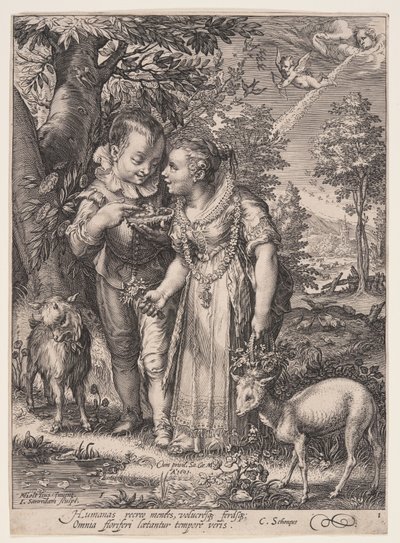 Frühling (Zwei Kinder spielen mit Vogel), aus Die vier Jahreszeiten von Jan Saenredam