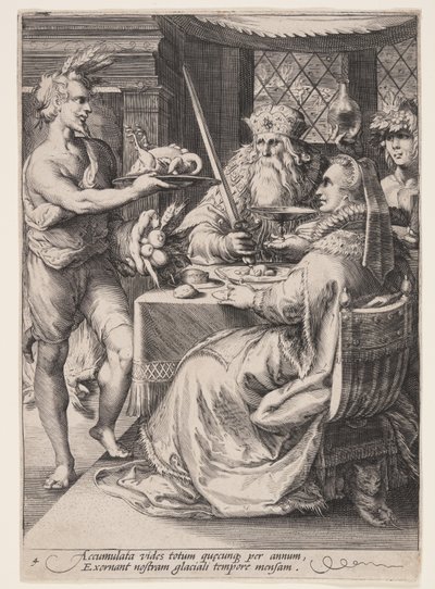 Winter (Bankett mit Bacchus, der einem älteren Paar aufwartet), aus Die vier Jahreszeiten von Jan Saenredam