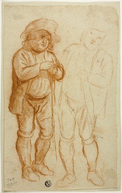 Zwei Skizzen eines stehenden Mannes, der sich auf einen Stab stützt von Jan Steen