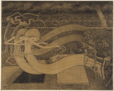 O Grab, wo ist dein Sieg? Zwei Frauen neben einem Mann und einem offenen Grab von Jan Toorop