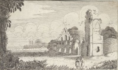 Landschaft mit einer Kirche in Ruinen und zwei Hirten im Gespräch von Jan Van de Velde