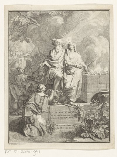 Allegorische Titelseite mit Erzvater Abraham und Wahrheit (Titelpagina für: Arnold Hoogvliet, Abraham de aartsvader, in XII Boeken, 1728) von Jan Wandelaar