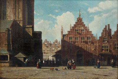 Ein sonnenbeschienener Blick auf den Grote Markt mit der St.-Bavo-Kirche und der Vleeshal, Haarlem von Jan Weissenbruch