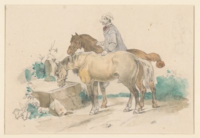 Bauer mit zwei Pferden an einem Wassertrog von Jan Weissenbruch