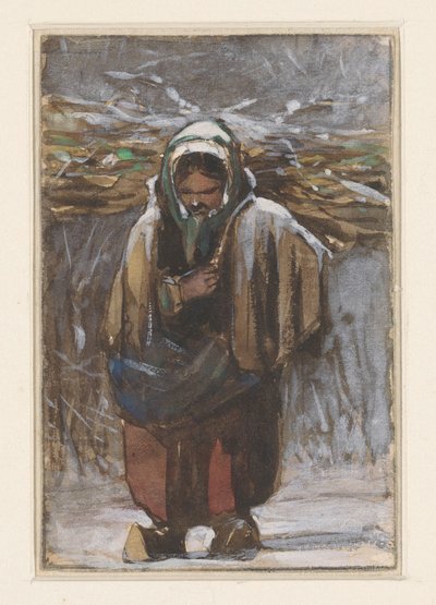 Bäuerin mit Reisigbündel auf dem Rücken in Winterlandschaft von Jan Weissenbruch