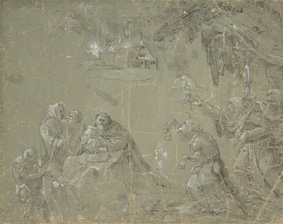 Versuchung des heiligen Antonius (recto), Fantastische Landschaft (verso), ca. 1520 von Jan Wellens de Cock.