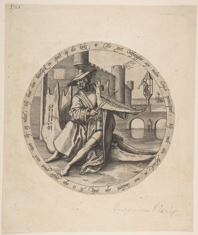 Der reiche Mann spielt Geige auf einem Kieferknochen, ca. 1568 von Jan Wierix