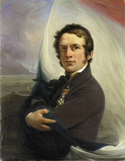 Porträt von Jacob Hobein, rettete die niederländische Flagge unter feindlichem Feuer, 18. März 1831 von Jan Willem Pieneman (signed by artist)