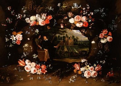 Blumengirlande um ein Medaillon mit Nicolas de Man vor seinem Anwesen in Antwerpen, 1653 von Jan and Uden Brueghel