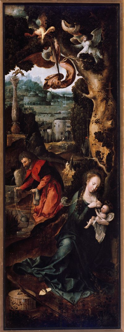 Triptychon der Anbetung der Könige, Geburt und Rast auf der Flucht nach Ägypten (Detail) von Jan de Beer