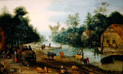 Waldige Flusslandschaft im Sommer mit Reisenden, die in einem Gasthaus ankommen von Jan the Elder (circle of) Brueghel