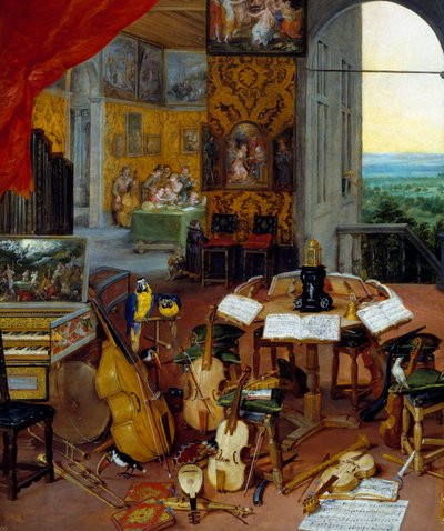 Detail des Hörens, das Musikinstrumente darstellt (Cello, Violine, Laute, Flöte, Cembalo) von Jan the Elder Brueghel