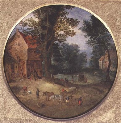 Flämische Landschaft mit Karren und Figuren von Jan the Elder Brueghel
