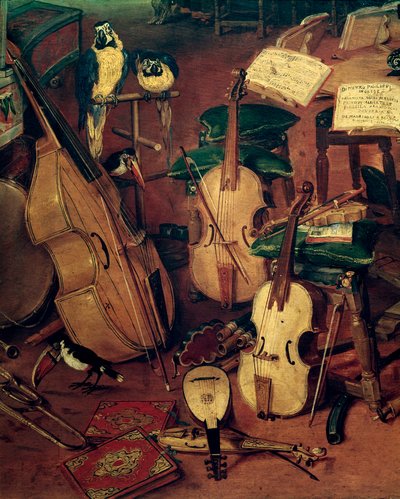 Saiten und Papageien, Detail der Allegorie der fünf Sinne von Jan the Elder Brueghel
