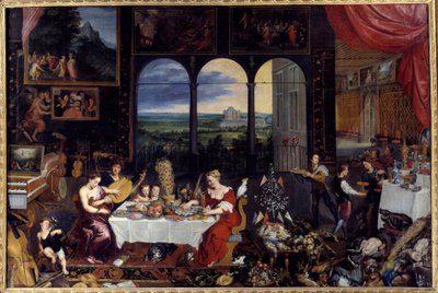 Der Geschmack, das Hören und das Berühren. Allegorie der fünf Sinne Das Mahl einer reichen Familie: Geflügel und Meeresfrüchte (einschließlich Austern) bilden das Bankettmenü. Gemälde von Jan I Brueghel Dit De Velours (1568-1625) Ec. Flam von Jan the Elder Brueghel