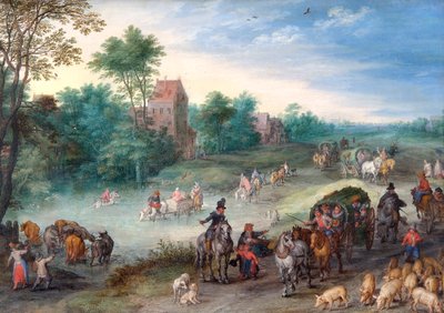 Reisende auf einer Landstraße, mit Vieh und Schweinen von Jan the Elder Brueghel