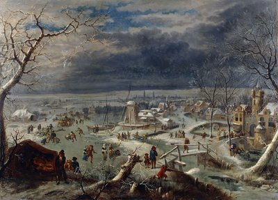 Eine Winterlandschaft mit Schlittschuhläufern auf einem zugefrorenen Wasserweg bei einem Dorf, ein Jäger im Vordergrund, Antwerpen dahinter von Jan the Elder Griffier