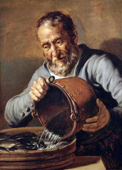 Wasser und Alter: Fischhändler mit Eimer und Wanne voller Fische von Jan the Elder Lievens