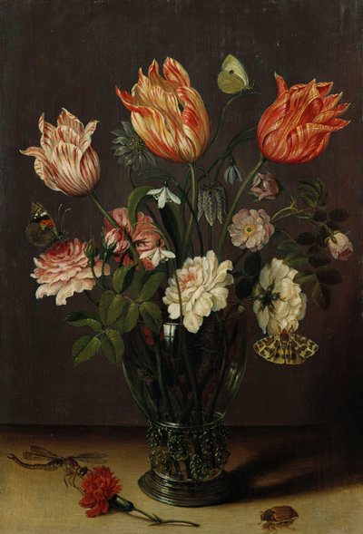 Tulpen mit anderen Blumen in einem Glas auf einem Tisch von Jan Brueghel the Younger
