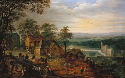 Dorfstraße mit Figuren und Karren, eine Wasserburg im Hintergrund von Jan Brueghel the Younger