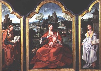 Die Rast auf der Flucht nach Ägypten mit der Heiligen Katharina von Alexandria und der Heiligen Barbara von Jan van (and workshop) Doornik