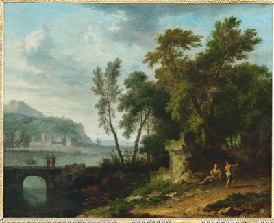 Belebte Landschaft mit Ruine und Brücke von Jan van (follower of) Huysum