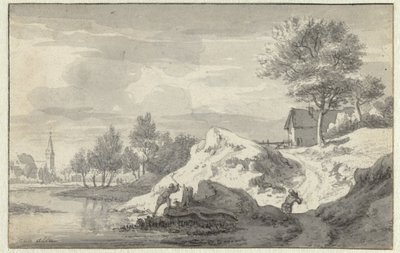 Landschaft mit Figuren, die Holz am Ufer eines Flusses hacken von Jan van Aken