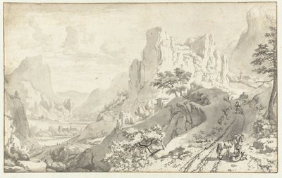 Berglandschaft mit Reisenden auf einer Straße von Jan van Aken